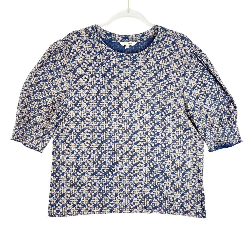 Lucky Brand Womens XL Blue Floral Lace Knit Short Sleeve Top T-Shirt‎ Boho